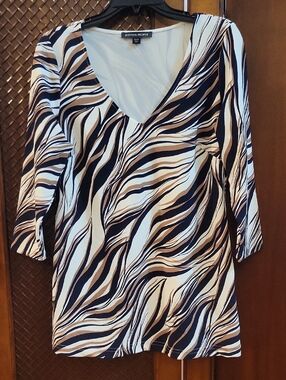 Boston Proper | Beyond Travel Cape Town Zebra Print 3/4 Sleeve Tunic Top Size M